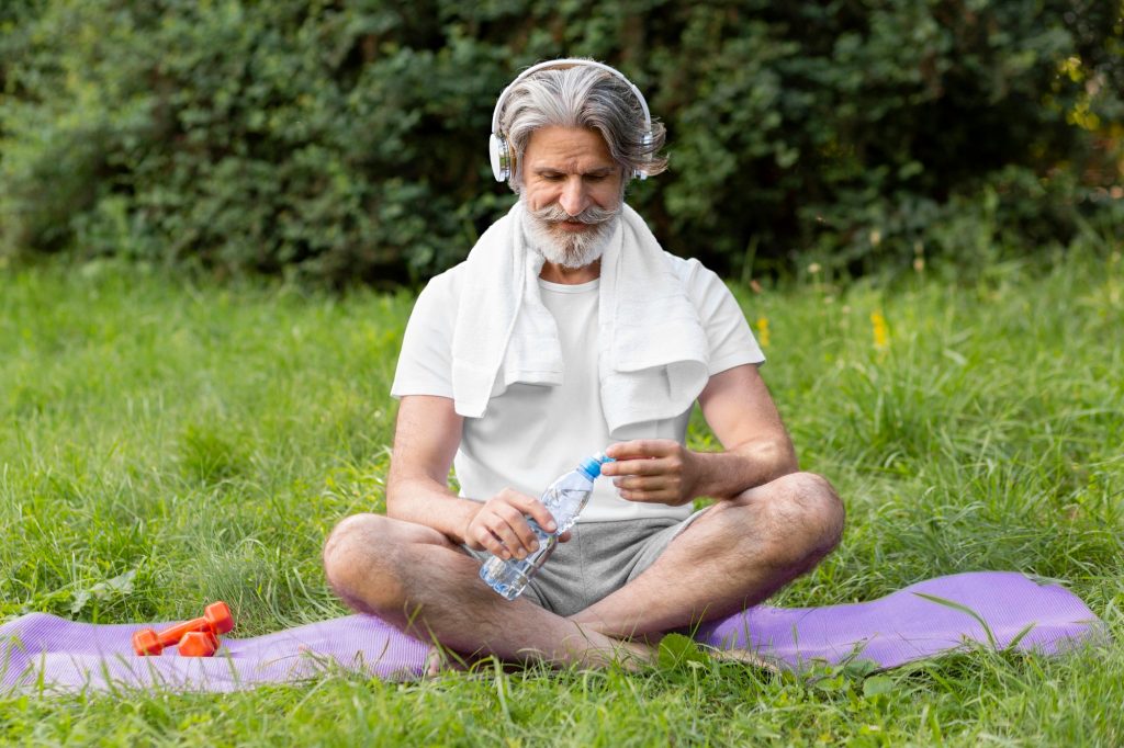 An active older man resting on a yoga mat in a park after a workout, representing lasting mobility and joint health.