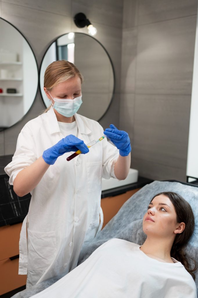 A medical professional in a white coat and blue gloves holding a vial of separated blood, preparing Platelet-Rich Plasma for a patient in a clinic.