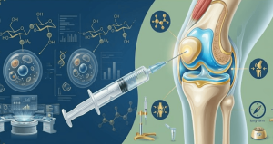 Medical illustration of a syringe administering a hyaluronic acid injection into a human knee joint, featuring anatomical diagrams, molecular structures, and clinical data charts for osteoarthritis treatment.