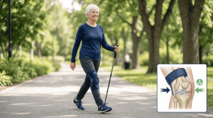 A smiling senior woman with short white hair walking confidently on a sunlit park path while wearing an offloading knee brace on her right leg and using a trekking pole. In the bottom right corner, an inset diagram illustrates how the brace applies lateral pressure to unload an arthritic knee compartment.