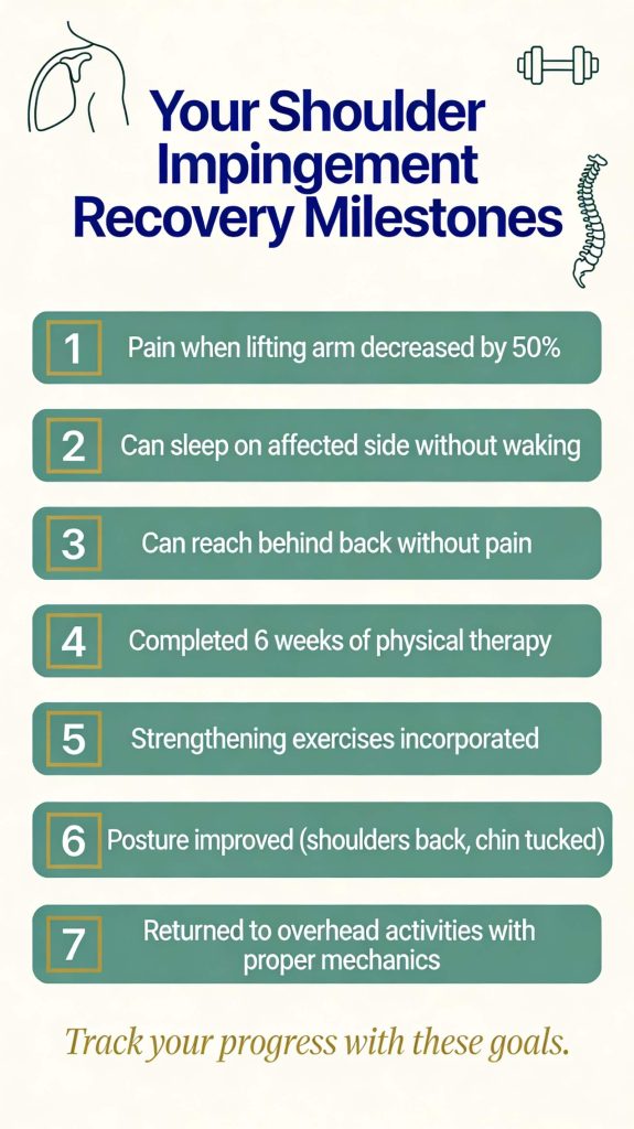 An infographic titled "Your Shoulder Impingement Recovery Milestones" featuring a numbered list of seven progress goals. The design includes minimalist line art of a shoulder, a dumbbell, and a spine. The milestones cover pain reduction, sleep quality, reaching movements, physical therapy completion, and postural improvements.