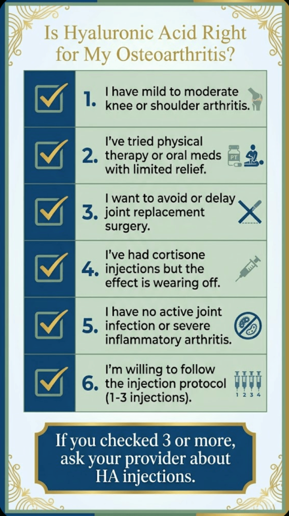 A checklist for patients considering Hyaluronic Acid (HA) injections for osteoarthritis, featuring six criteria for knee or shoulder pain management.
