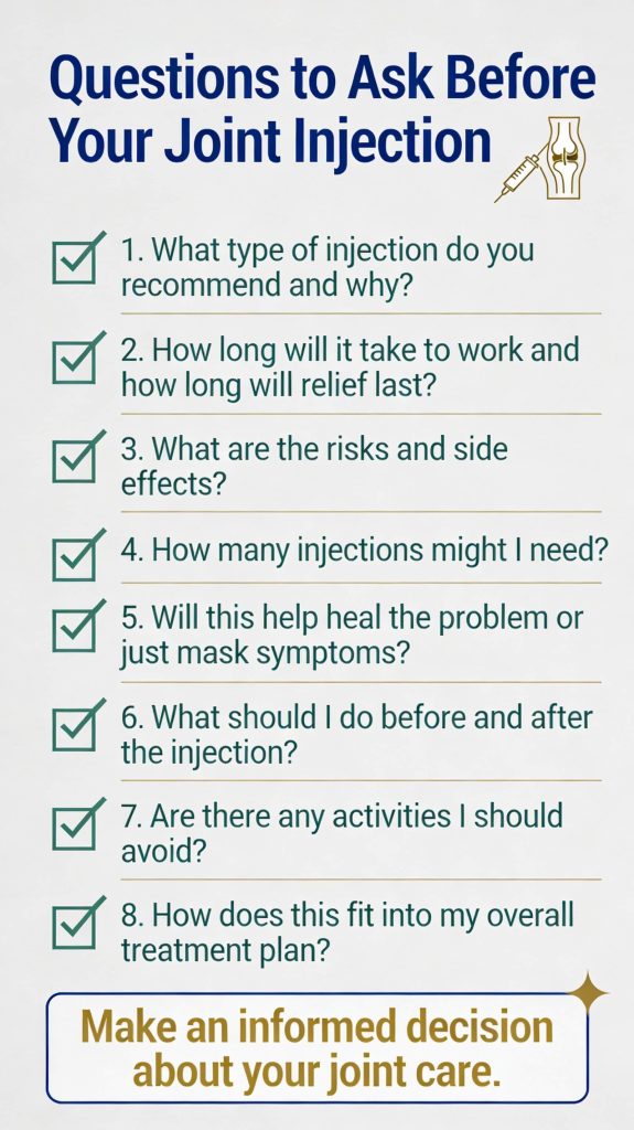 Checklist of 8 essential questions to ask a doctor before getting a joint injection for pain relief.
