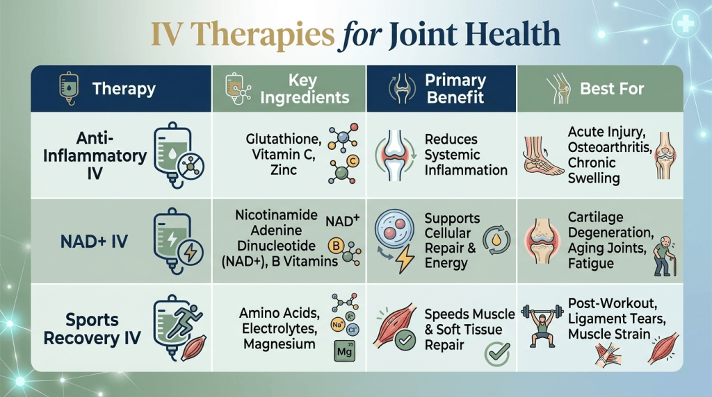 A comparison table titled "IV Therapies for Joint Health" detailing three types of intravenous treatments: Anti-Inflammatory IV, NAD+ IV, and Sports Recovery IV. The chart includes columns for Key Ingredients, Primary Benefit, and Best For, using medical icons and diagrams of joints and muscles to illustrate the points.