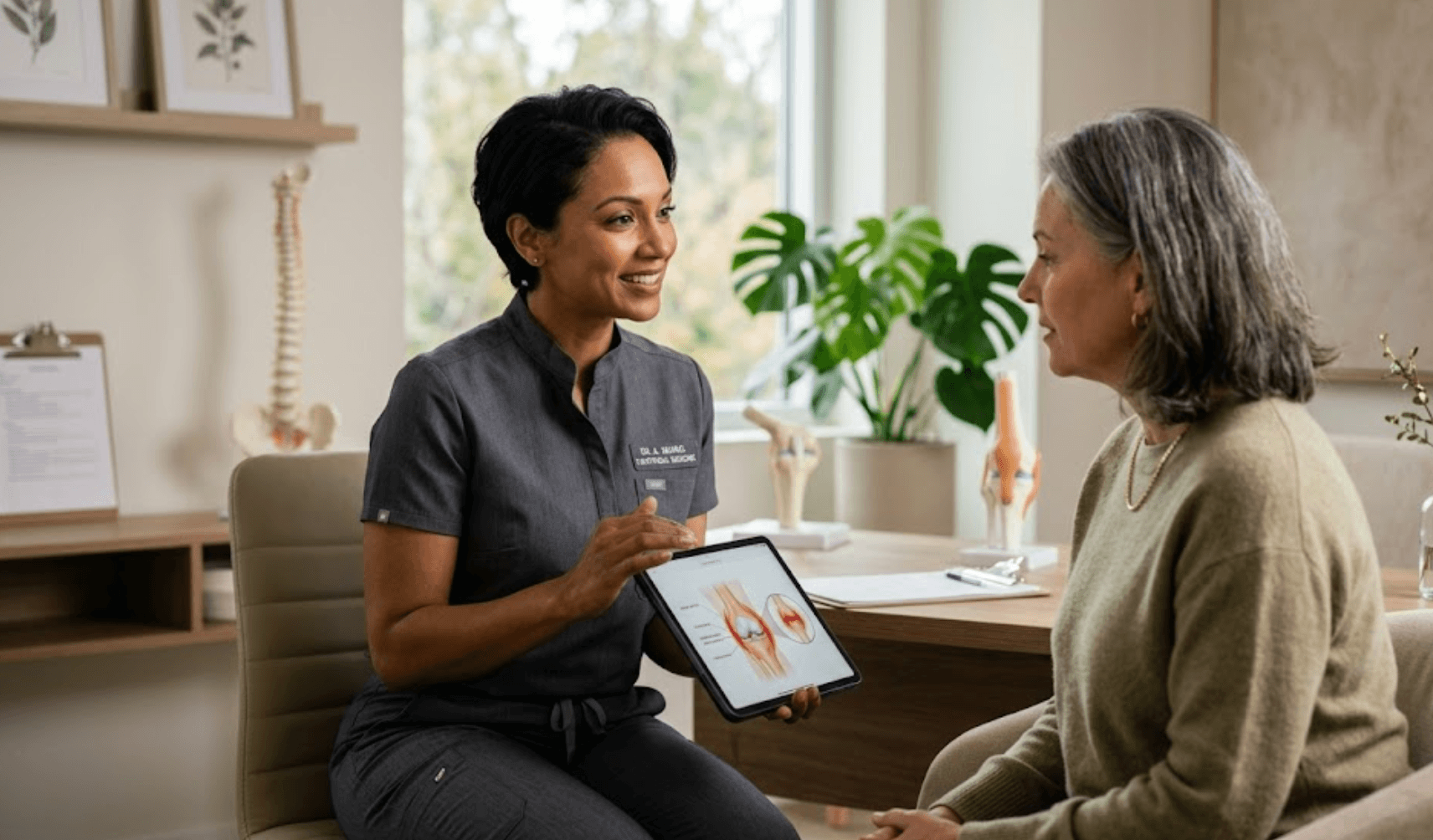 A professional lifestyle banner depicting a consultation between a female doctor and a patient in a bright, modern functional medicine clinic. On the wooden desk, there is a digital tablet showing medical data, several supplement bottles, and a glowing display featuring a knee X-ray. Large windows show a sunset in the background, creating a calm, healing atmosphere.