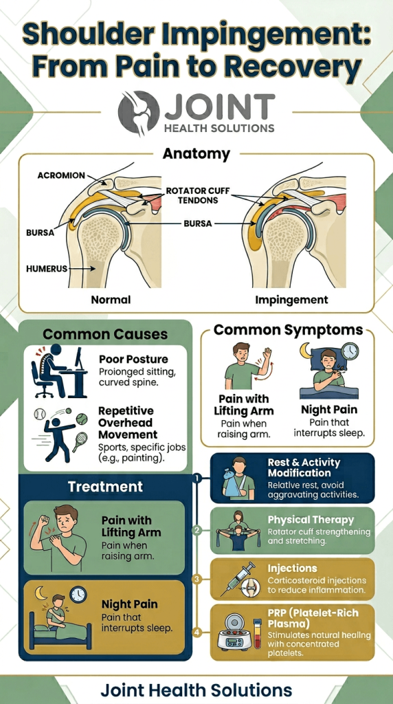 An educational infographic titled "Shoulder Impingement: From Pain to Recovery" by Joint Health Solutions. The graphic illustrates shoulder anatomy (comparing a normal joint to one with impingement), common causes like poor posture, and symptoms such as night pain. It also features a four-step treatment pathway including rest, physical therapy, injections, and PRP therapy.