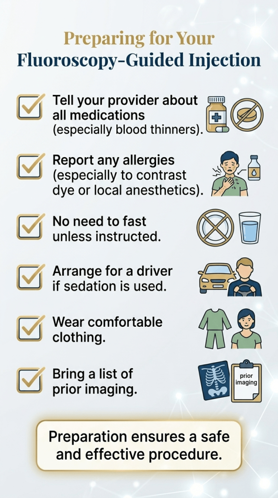 An infographic titled "Preparing for Your Fluoroscopy-Guided Injection" featuring a six-point checklist. Each point includes a checkmark and a representative icon, covering medication disclosure, allergy reporting, fasting guidelines, transportation arrangements, clothing choice, and medical records.