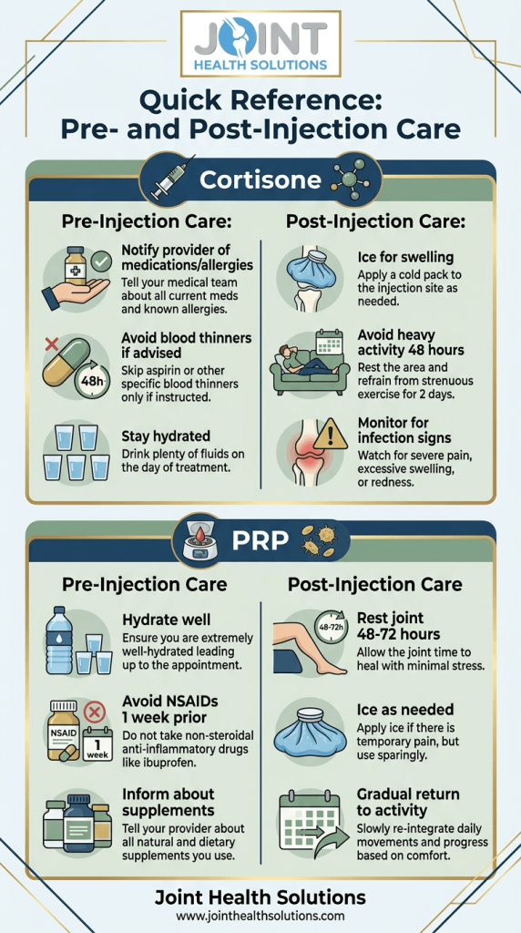 Quick reference guide for pre and post-injection care for Cortisone and PRP treatments.