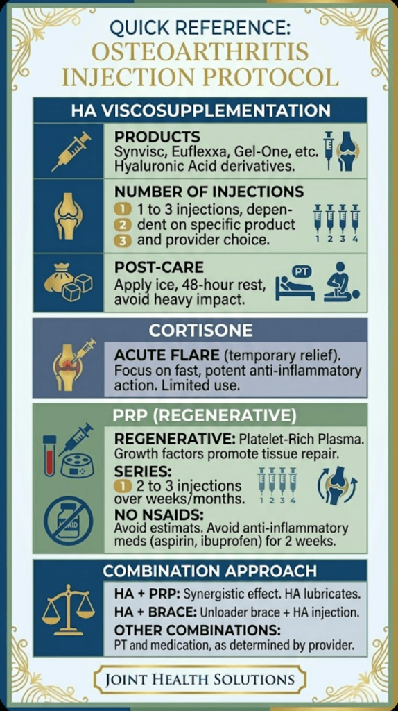 Infographic for Osteoarthritis Injection Protocol detailing HA Viscosupplementation, Cortisone, PRP (Regenerative), and Combination Approaches.