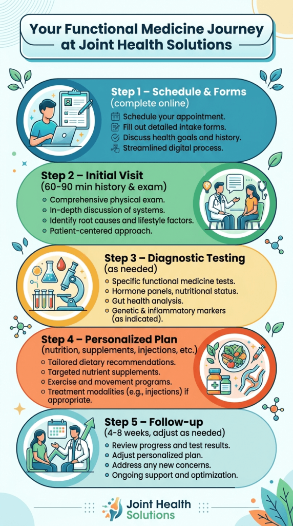 A vertical process infographic titled "Your Functional Medicine Journey at Joint Health Solutions." It outlines a five-step patient path: Step 1 (Schedule & Forms), Step 2 (Initial Visit details), Step 3 (Diagnostic Testing options), Step 4 (Personalized Plan development), and Step 5 (Follow-up and adjustment). Each step is presented in a colorful, rounded bubble with descriptive icons.