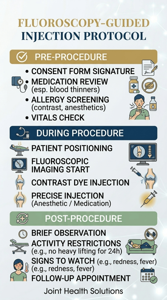 A vertical infographic titled "Fluoroscopy-Guided Injection Protocol" by Joint Health Solutions. It is divided into three colored sections: "Pre-Procedure" (gold), "During Procedure" (blue), and "Post-Procedure" (green). Each section lists clinical steps such as consent signing, imaging start, contrast dye use, and recovery instructions, accompanied by descriptive medical icons.