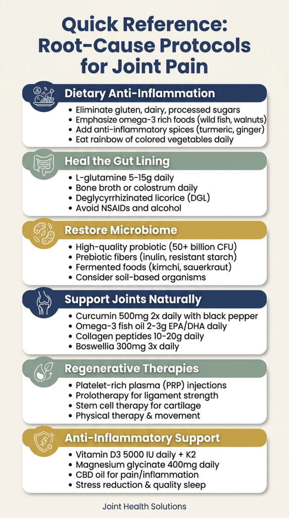 A clinical summary from Joint Health Solutions detailing a 6-step protocol for joint pain relief, including dietary changes, gut healing, microbiome restoration, and regenerative therapies.
