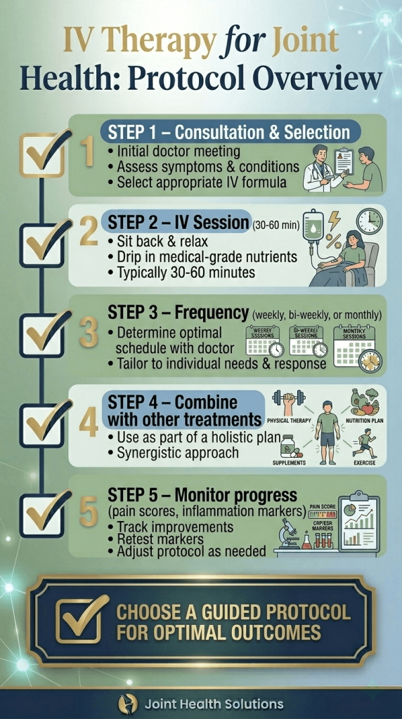 A vertical infographic titled "IV Therapy for Joint Health: Protocol Overview" by Joint Health Solutions. It outlines a five-step clinical process: Step 1 (Consultation & Selection), Step 2 (IV Session details), Step 3 (Frequency scheduling), Step 4 (Combining with other treatments like PT and nutrition), and Step 5 (Monitoring progress through pain scores and markers).