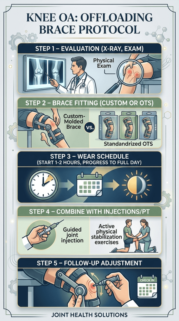 An infographic titled "Knee OA: Offloading Brace Protocol" by Joint Health Solutions. It outlines a five-step process: Step 1 (Evaluation with X-rays and exams), Step 2 (Brace fitting for Custom-Molded vs. Standardized OTS), Step 3 (Wear schedule progression), Step 4 (Combining with injections and PT), and Step 5 (Follow-up adjustments and check-ins).