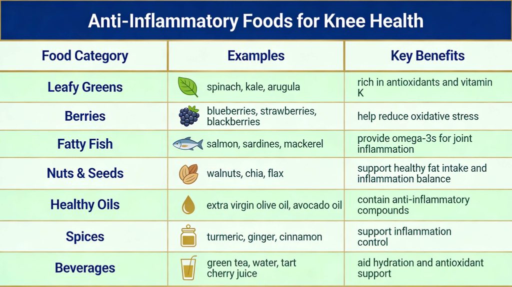 A clinical comparison table titled "Anti-Inflammatory Foods for Knee Health." The chart organizes nutritional information into three columns: Food Category, Examples, and Key Benefits. Categories include Leafy Greens, Berries, Fatty Fish, Nuts & Seeds, Healthy Oils, Spices, and Beverages, each illustrated with a simple color icon.