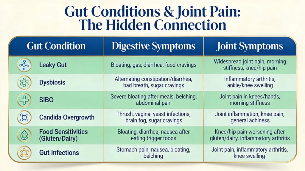 A clinical comparison table by Joint Health Solutions showing how gut conditions like Leaky Gut, SIBO, and Dysbiosis manifest as digestive symptoms and specific joint inflammation.