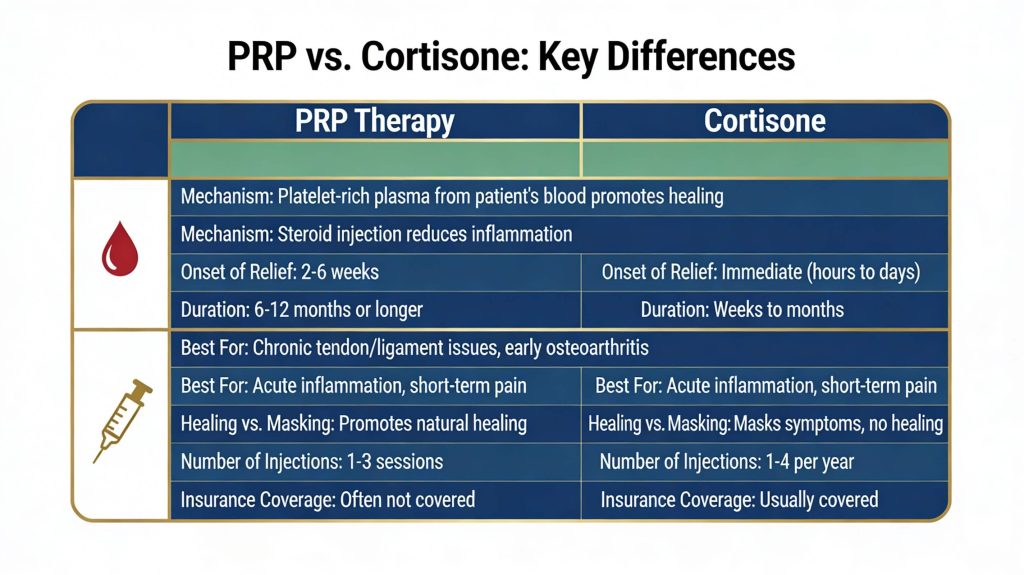 PRP vs cortisone injections Charlotte comparison table
