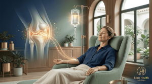 A woman relaxes in a green armchair with her eyes closed, receiving an IV therapy treatment in a bright, modern room. An artistic glowing overlay shows a golden stream of nutrients traveling from the IV bag to a detailed anatomical illustration of a knee joint, highlighting cellular repair and inflammation relief. The Joint Health Solutions logo is in the bottom right corner.