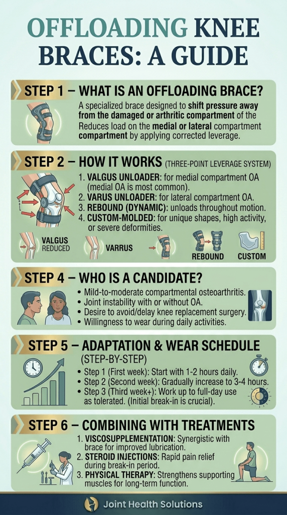 An educational infographic titled "Offloading Knee Braces: A Guide" by Joint Health Solutions. It features five numbered steps explaining what offloading braces are, how the three-point leverage system works (Valgus, Varus, Rebound, and Custom), candidate criteria, a three-week adaptation wear schedule, and how to combine bracing with treatments like physical therapy and injections.