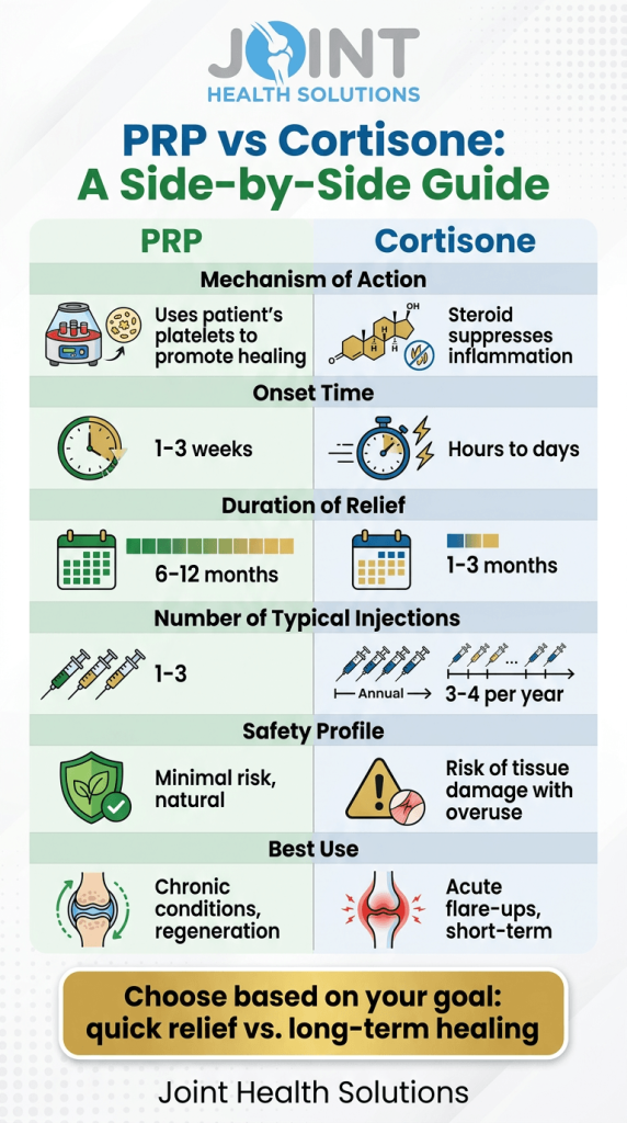 1.Mayo Clinic - Platelet-rich plasma (PRP) 2.Hospital for Special Surgery - Corticosteroid Injections 3.American Academy of Orthopaedic Surgeons - Corticosteroid Injections for Arthritis 4.Journal of Arthroplasty - PRP vs Corticosteroid for Knee Osteoarthritis