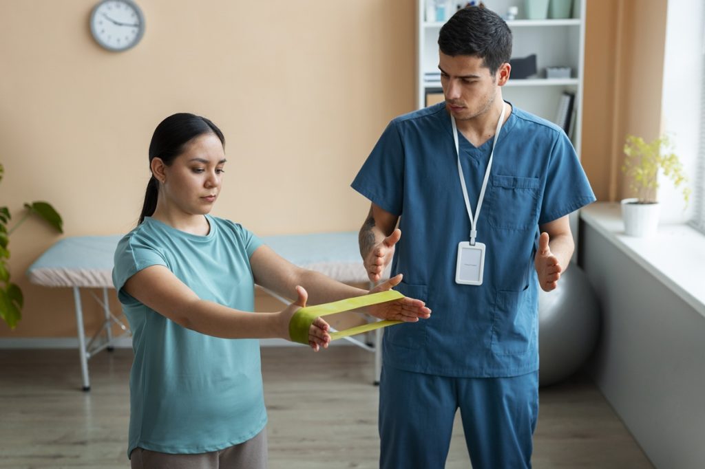 A patient at Joint Health Solutions performing a closed-chain eccentric strengthening exercise to stabilize a bone-on-bone knee joint.