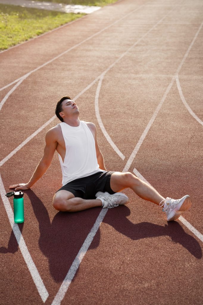 An exhausted male athlete in a white tank top sitting on a red running track next to a green water bottle, catching his breath after a hard workout.