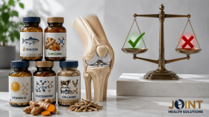 A medical display featuring a knee joint model next to a scale and bottles of DHA/EPA, Curcumin, Vitamin D, Glucosamine, and Collagen, representing the evaluation of natural joint supplements.