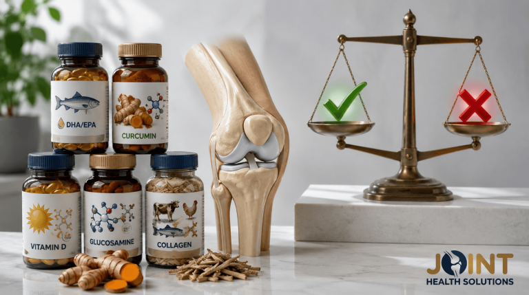 A medical display featuring a knee joint model next to a scale and bottles of DHA/EPA, Curcumin, Vitamin D, Glucosamine, and Collagen, representing the evaluation of natural joint supplements.
