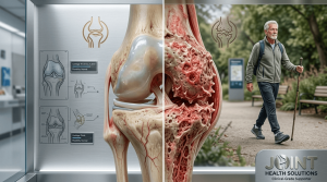 A side-by-side medical illustration comparing a healthy knee joint with a joint affected by degenerative joint disease, featuring an active senior man walking with a trekking pole.