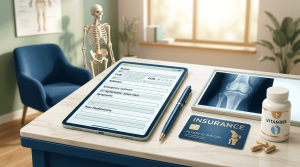 A medical office desk featuring a digital tablet with new patient forms, a knee X-ray on a screen, an insurance card, and a bottle of vitamins in a bright clinical setting.
