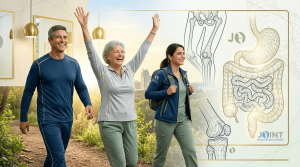 Three happy, active patients walking outdoors, overlaid with medical illustrations of a knee joint and the digestive system, representing the link between gut health and joint relief.