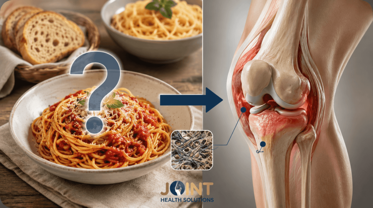 A split image showing a bowl of pasta with a question mark, leading to an anatomical illustration of an inflamed knee joint, highlighting the potential link between gluten intake and joint swelling.