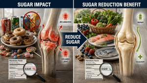 A split-screen comparison showing an inflamed knee joint surrounded by sugary snacks and soda versus a healthy, repairing knee joint surrounded by whole foods like salmon, vegetables, and nuts.