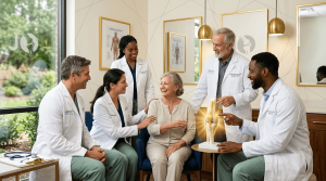 A collaborative team of five doctors in white coats discussing a glowing knee joint model with a smiling patient in a bright Charlotte medical office.