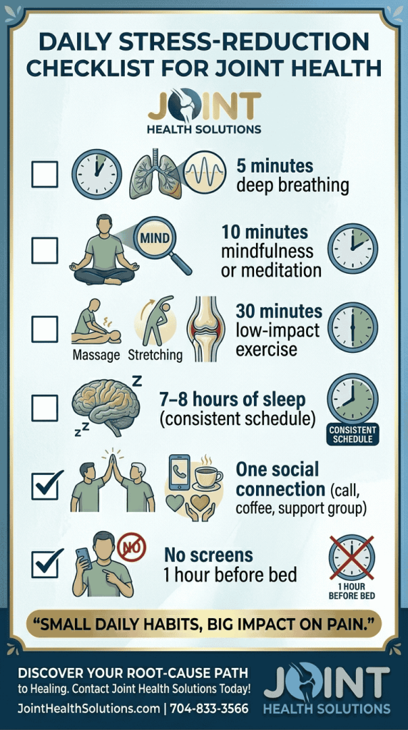 A daily checklist for joint health featuring habits like deep breathing, meditation, low-impact exercise, consistent sleep, social connection, and no screens before bed.