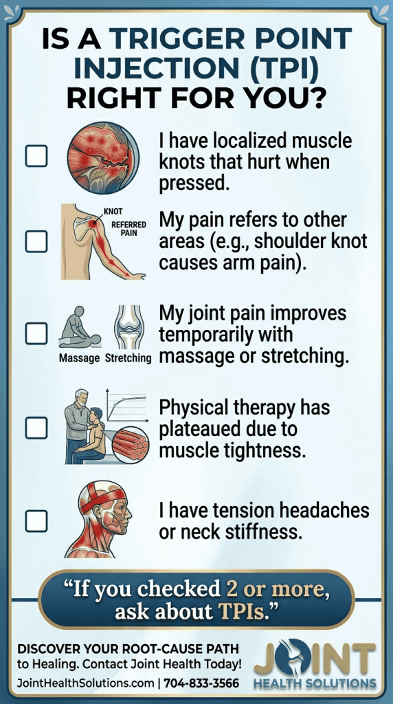 A medical infographic checklist titled "Is a Trigger Point Injection (TPI) Right for You?" listing five symptoms of muscle knots and referred pain, suggesting a consultation if two or more boxes are checked.