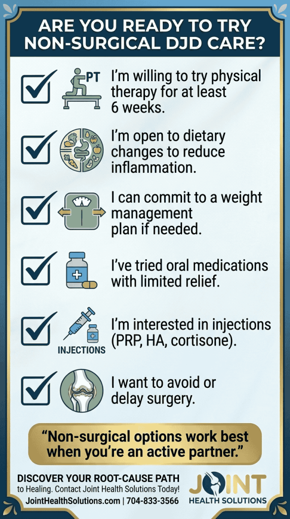 A checklist for non-surgical Degenerative Joint Disease (DJD) care, including physical therapy, dietary changes, weight management, and injection options like PRP and Cortisone.