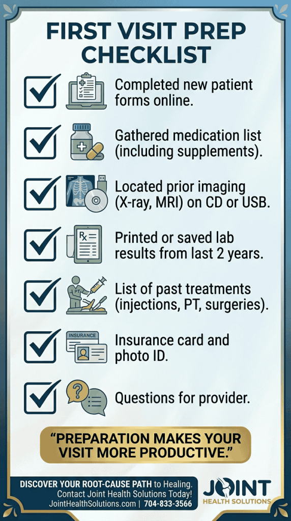 A checklist for new patients at Joint Health Solutions including online forms, medication lists, prior imaging, lab results, past treatment history, insurance ID, and questions for the provider.
