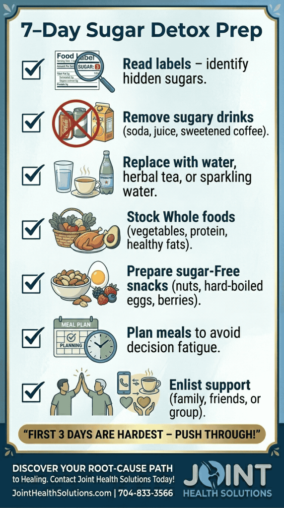 A 7-day sugar detox preparation checklist for joint pain relief, featuring steps like reading food labels, removing sugary drinks, stocking whole foods, and meal planning.
