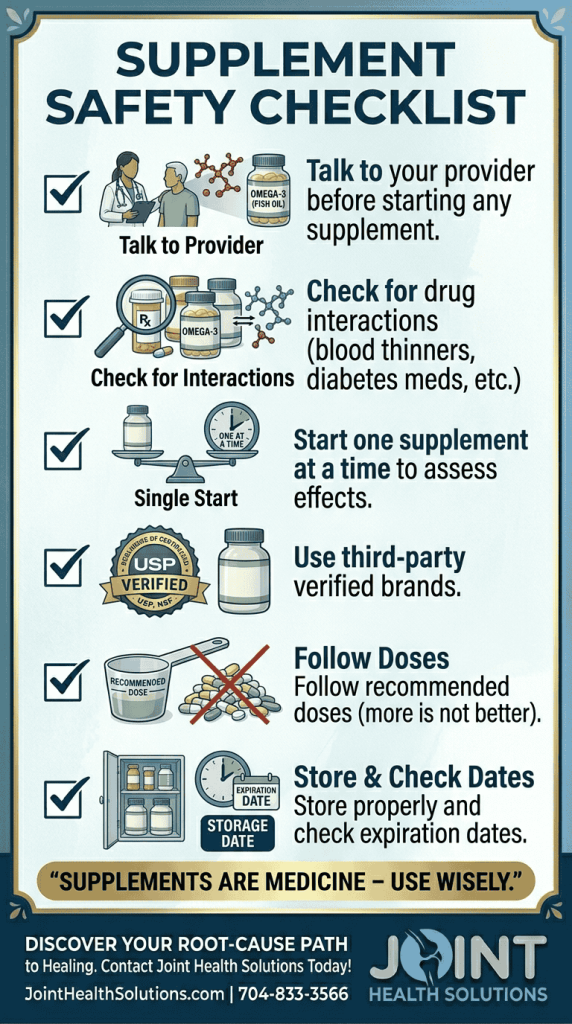 A medical safety checklist for starting supplements, including talking to a provider, checking for drug interactions, using third-party verified brands (USP/NSF), and following recommended dosages.