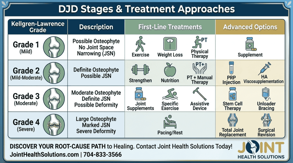 A comprehensive chart showing the 4 Kellgren-Lawrence grades of Degenerative Joint Disease (DJD) with descriptions and corresponding first-line and advanced treatment options.