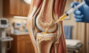 A medical illustration showing a cross-section of a human knee joint. A gloved hand holds a syringe labeled "BD Ultra-Fine 5ml" as a needle injects a yellowish fluid (PRP) into the joint space between the femur and tibia. The interior bone structure and surrounding muscles are visible.