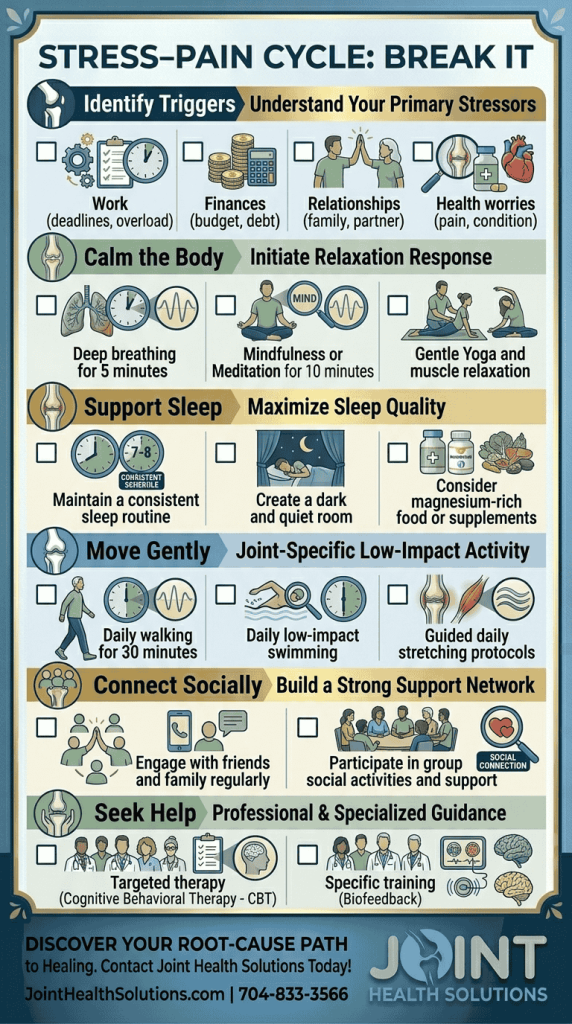 An infographic titled "Stress-Pain Cycle: Break It" featuring a 6-step protocol: identifying triggers, calming the body, supporting sleep, moving gently, connecting socially, and seeking professional help like CBT or biofeedback.