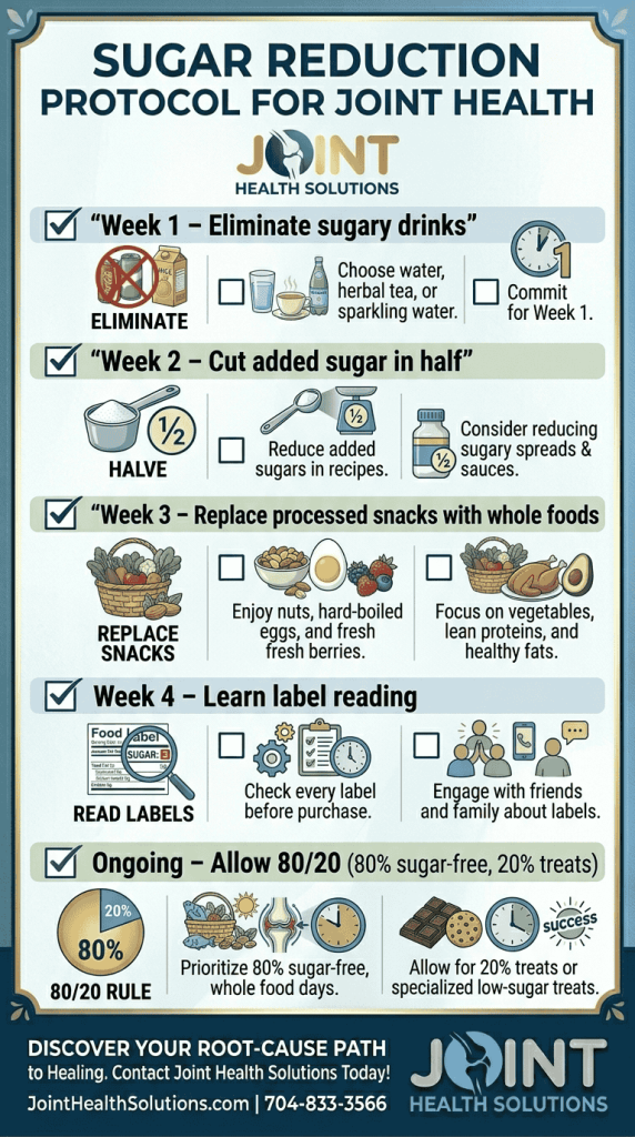 A 4-week sugar reduction protocol infographic for joint health including: Week 1 eliminating sugary drinks, Week 2 halving added sugars, Week 3 replacing snacks with whole foods, and Week 4 mastering label reading.