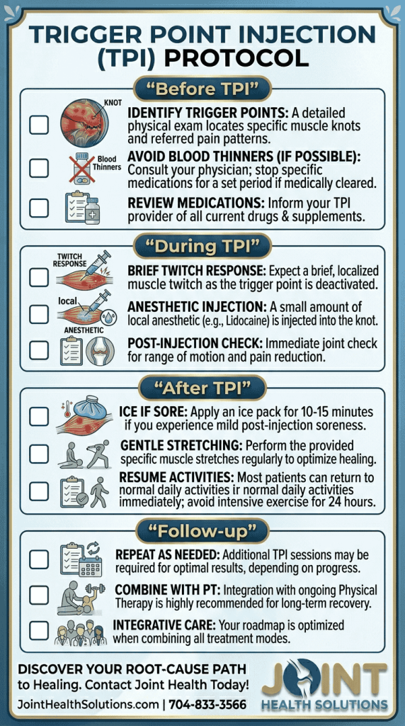 A four-step medical protocol infographic for Trigger Point Injections, covering the stages of "Before TPI," "During TPI," "After TPI," and "Follow-up" with specific patient instructions and icons for each phase.