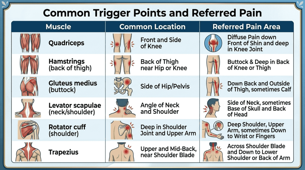A medical chart titled 'Common Trigger Points and Referred Pain' comparing six muscle groups: Quadriceps, Hamstrings, Gluteus medius, Levator scapulae, Rotator cuff, and Trapezius. For each, anatomical diagrams illustrate the precise muscle location (red nodes for trigger points) and corresponding body diagrams displaying the resulting referred pain areas (red shaded regions).