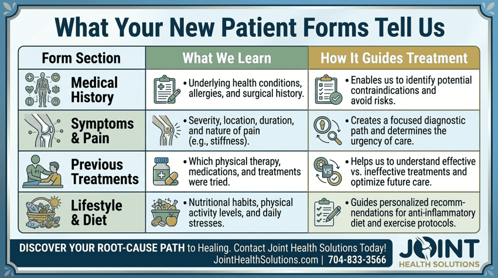 Table explaining how new patient forms at Joint Health Solutions inform medical history, symptoms, previous treatments, and lifestyle to guide personalized treatment.