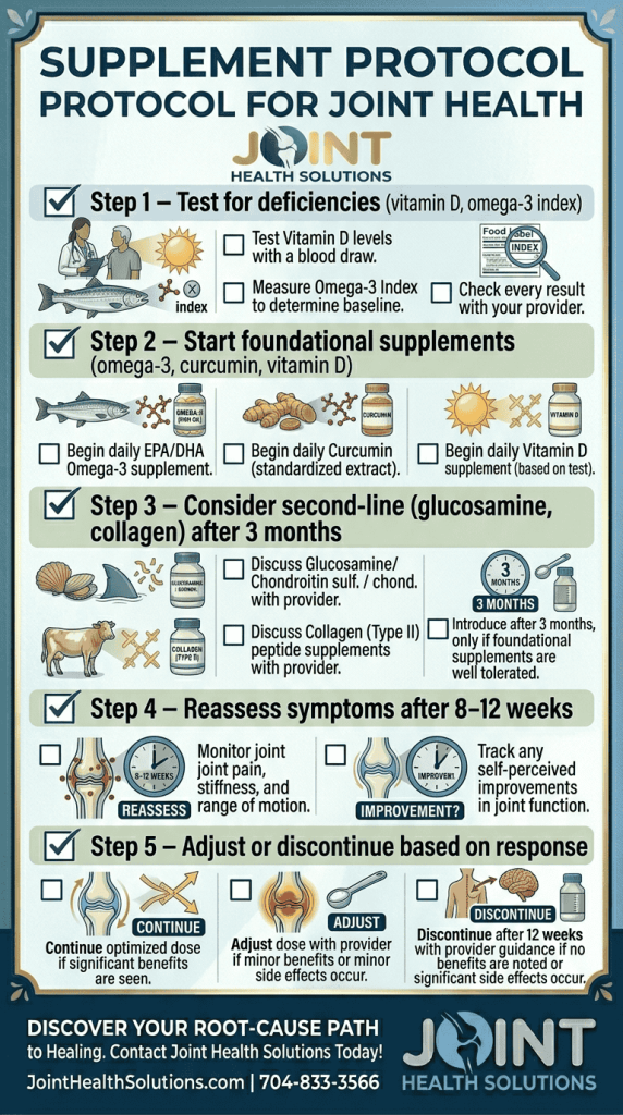 A 5-step Supplement Protocol for Joint Health infographic: Step 1 testing for deficiencies, Step 2 starting foundational supplements (Omega-3, Curcumin, Vitamin D), Step 3 considering second-line options, Step 4 reassessing symptoms, and Step 5 adjusting or discontinuing.