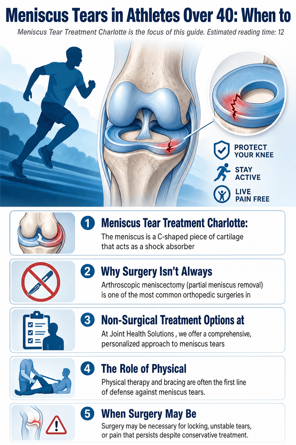 Meniscus Tear Treatment Charlotte — Infographic outlining non-surgical meniscus tear treatment steps at Joint Health Solution