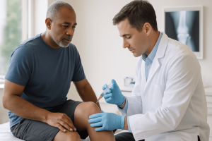 Hyaluronic Acid Injections Charlotte — Patient receiving hyaluronic acid injection for knee relief at Joint Health Solutions
